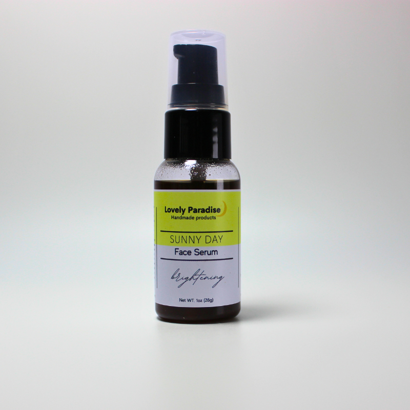 Picture shows a 1oz bottle of Sunny Day serum with a white background. The bottle has a white and yellow label with the name and information of the product.
